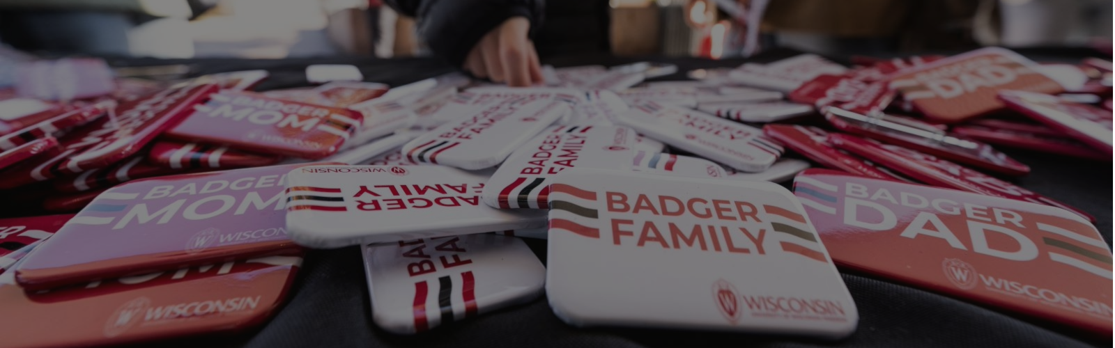 Pins that say Badger Family, Badger Mom, and Badger Dad on a table
