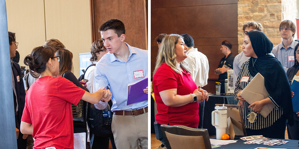 Students shake hands and exchange information with employers seeking interns in tech fields.
