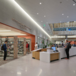 Library desk in large open academic building