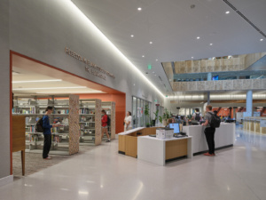 Library desk in large open academic building
